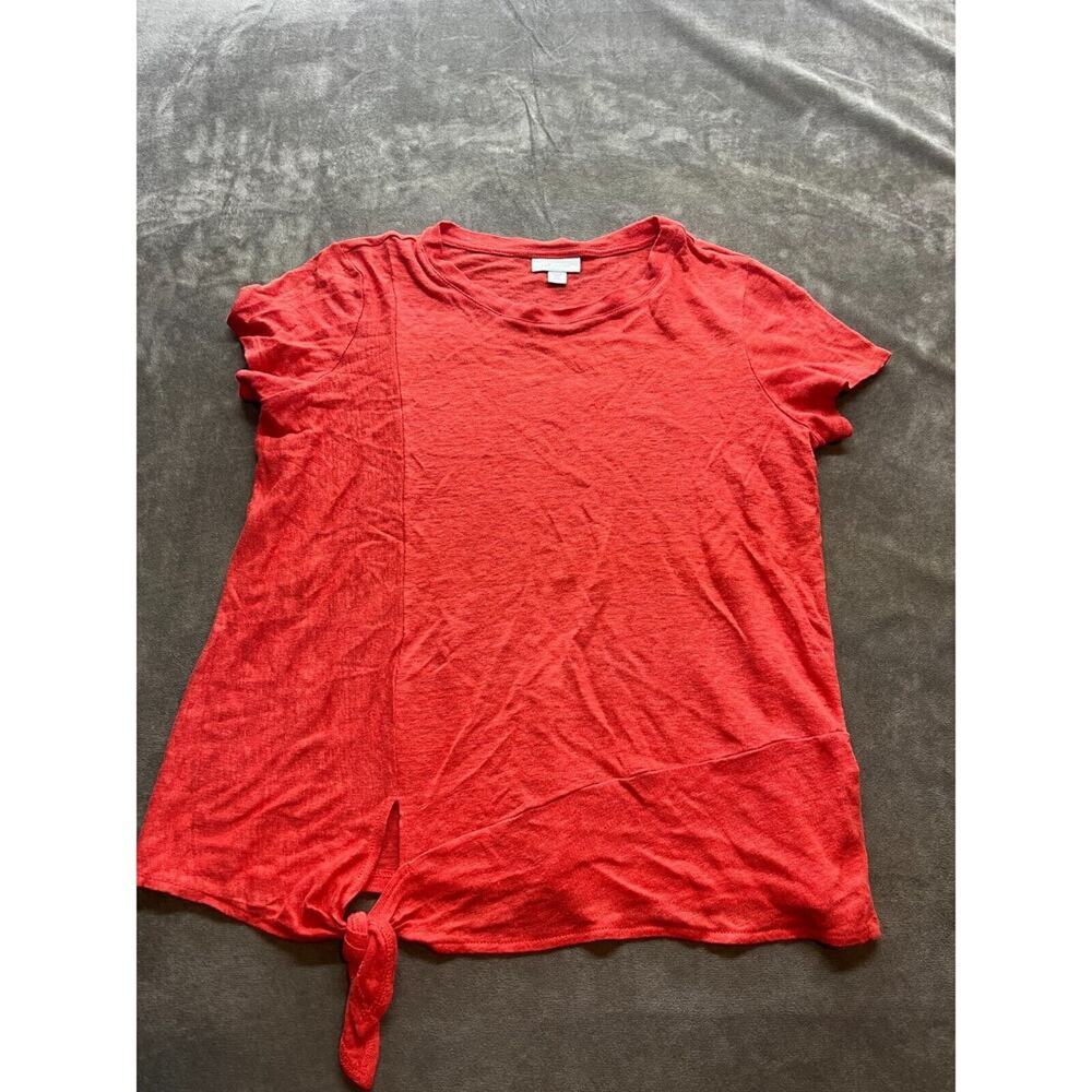 J Jill Love Linen Scoop Neck Red S/S Tie At Bottom T Shirt Top XS Petite